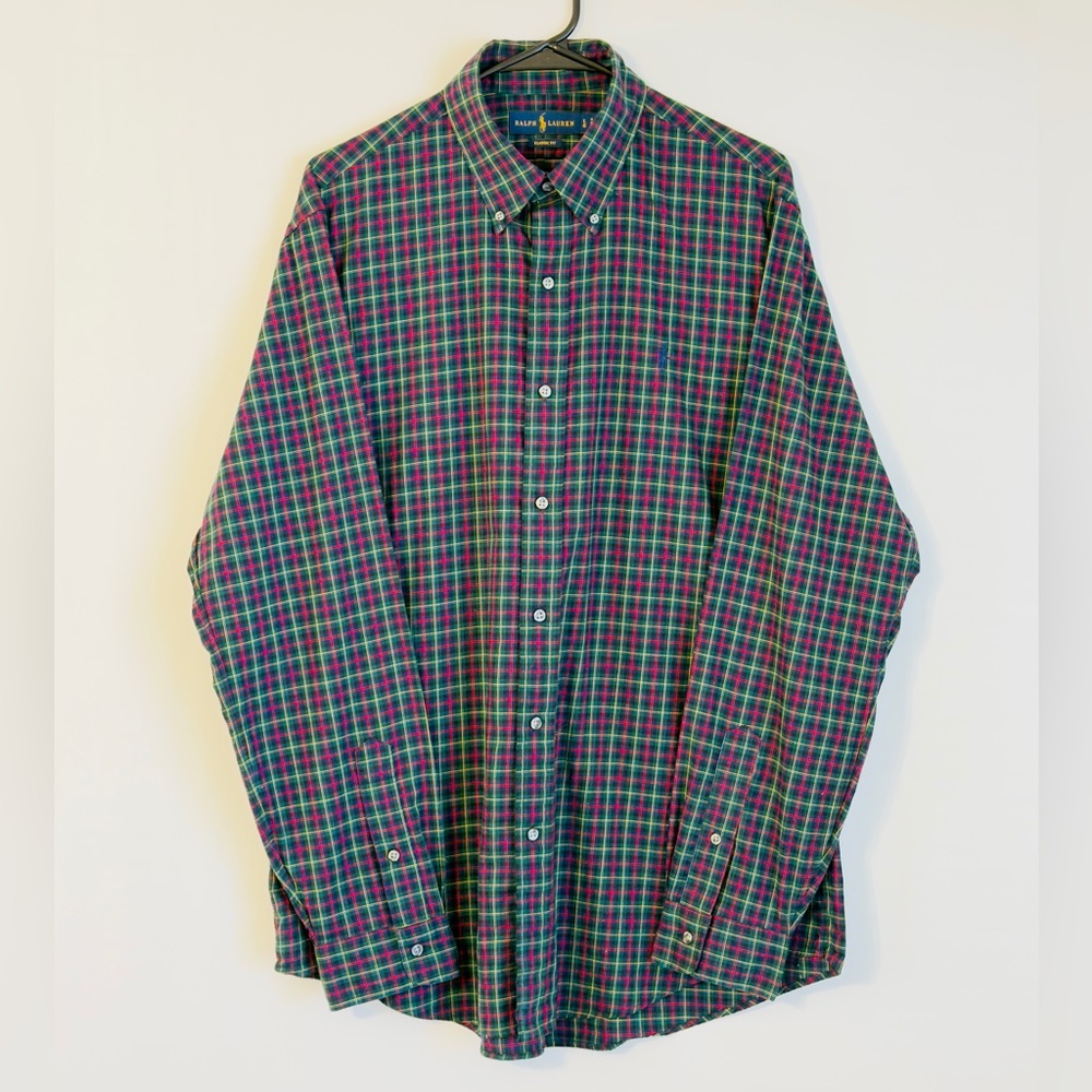 Ralph Lauren Men's Green, Red Checkered Long Sleeve Button Down Shirt‎ Large